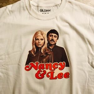 Mens Medium White Nancy Sinatra and Lee Hazlewood Logo Print T-Shirt